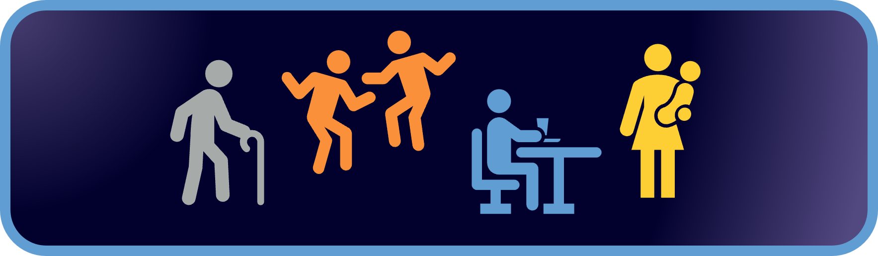 icons of people: one walking with a cane, one holding a child, one eating at a table, and two playing together