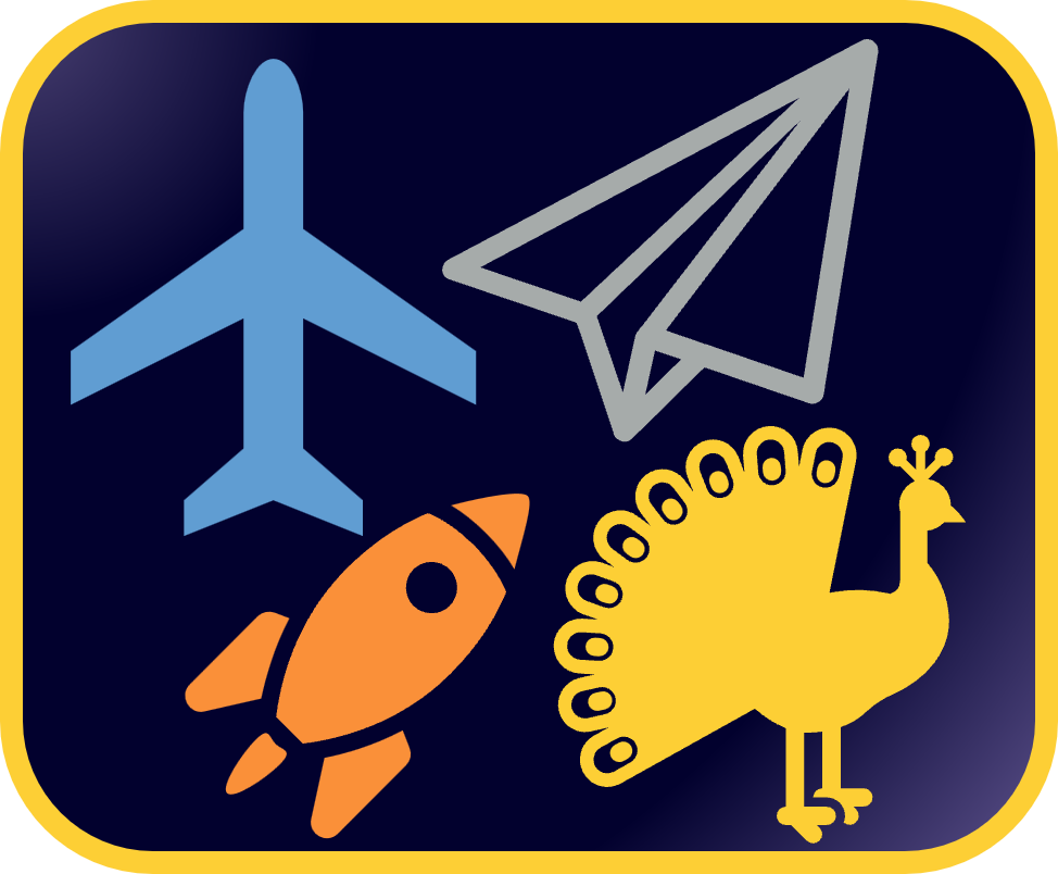 icons of an airplane, paper airplane, spaceship, and peacock