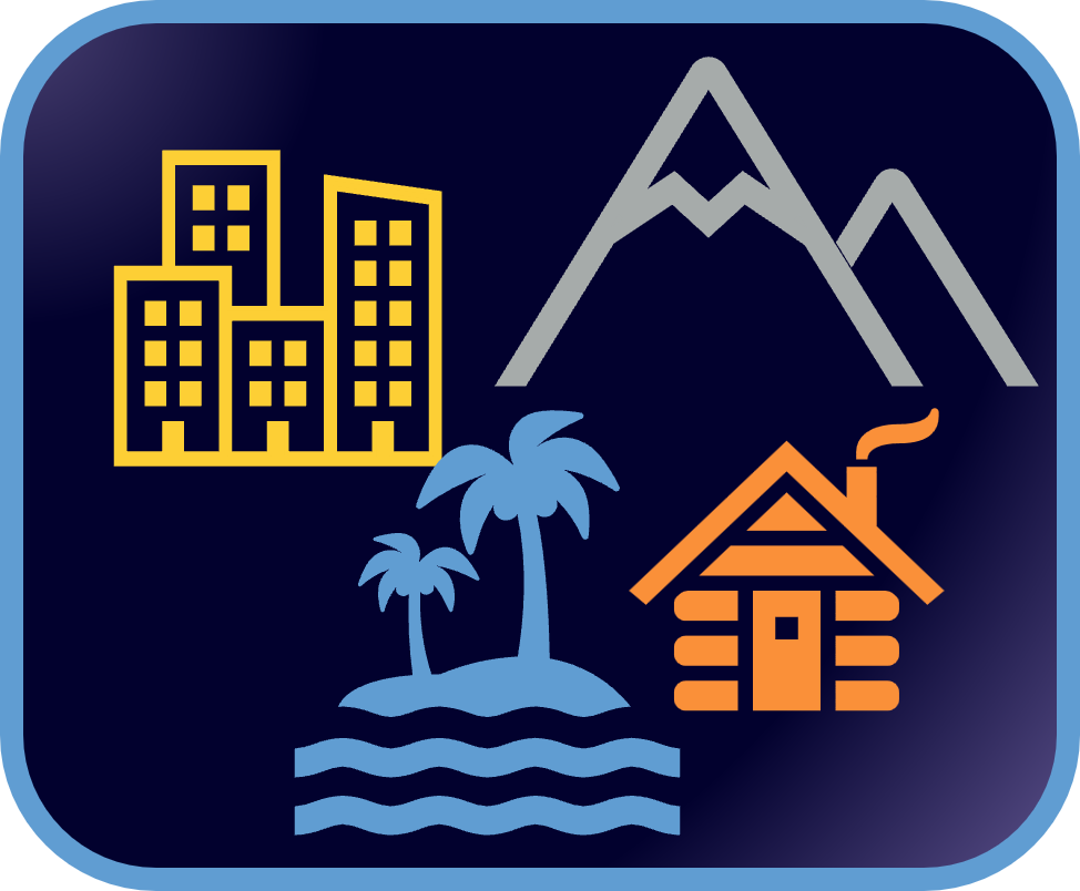 icons of city, mountains, tropical island, and cabin