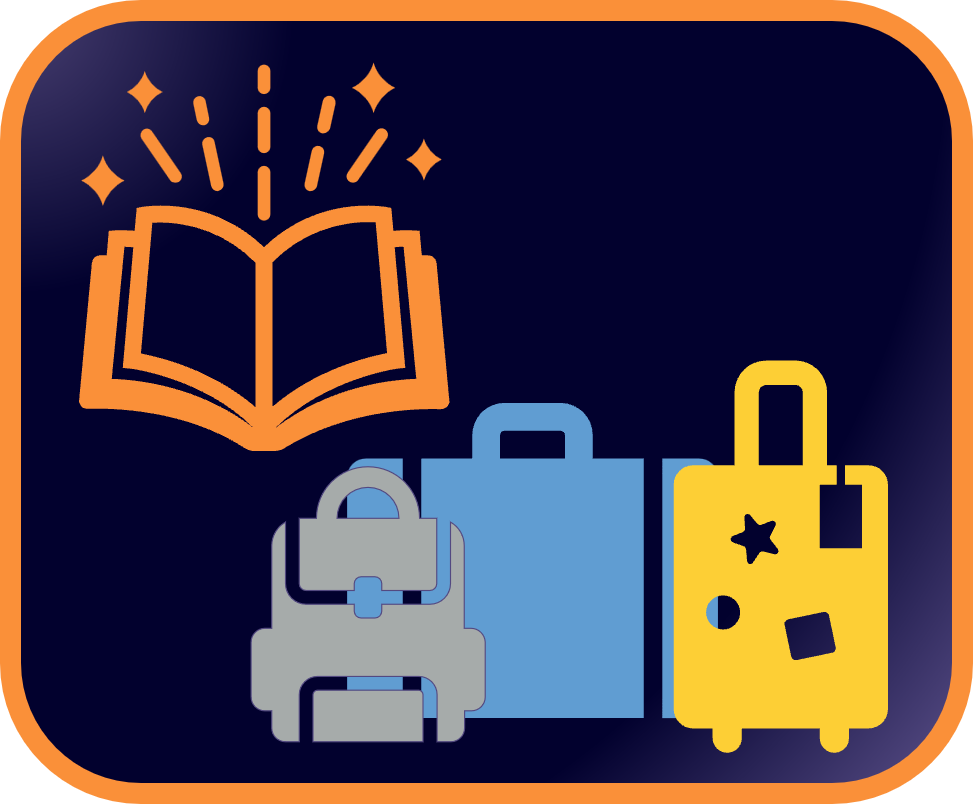 icons of an open book plus backpacks and suitcases in different styles